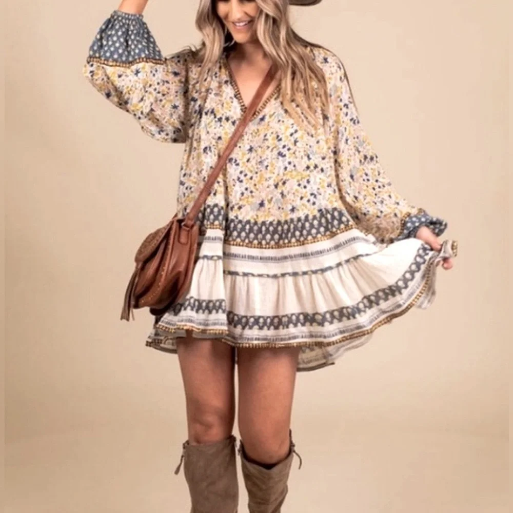 Free People Gardenia Ivory Combo Floral Tunic Top Mini Dress - S